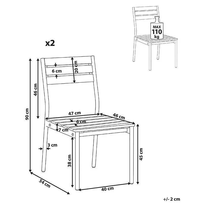 Beliani Gartenstuhl-Set CORRICELLA - 2 Stk., Akazienholz, Braun, B x T x H: 47 x 54 x 90 cm - Set aus zwei Lattenstühlen. Technische Zeichnung zeigt Maße und max. Belastung von 110 kg.