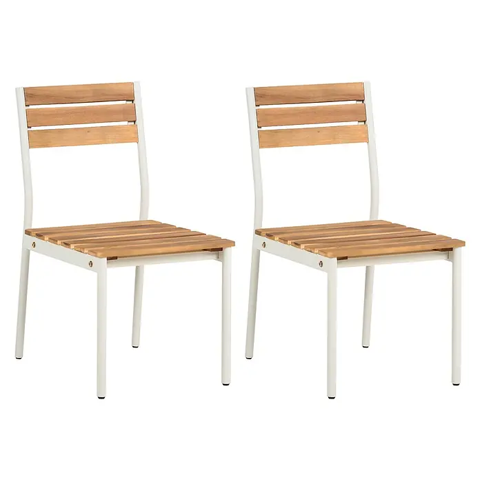 Beliani Gartenstuhl-Set CORRICELLA - 2 Stk., Akazienholz, Braun, B x T x H: 47 x 54 x 90 cm - Zwei Stühle mit hellen Holzlatten-Sitzflächen und Rückenlehnen sowie hellen Metallrahmen.