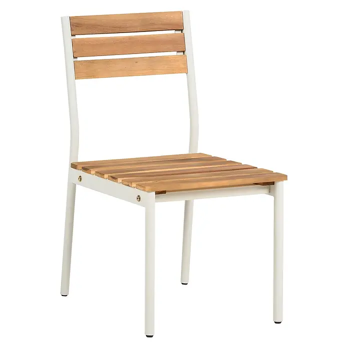Beliani Gartenstuhl-Set CORRICELLA - 2 Stk., Akazienholz, Braun, B x T x H: 47 x 54 x 90 cm - Gartenstuhl mit weißem Metallgestell und Sitz- sowie Rückenlehne aus hellbraunen Holzlatten.