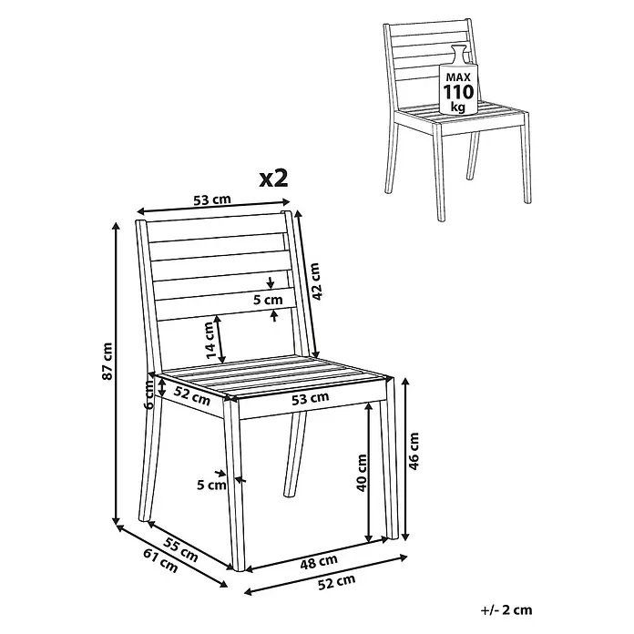 Beliani Gartenstuhl-Set CHIOGGIA - 2 Stk., zertifiziertes Akazienholz, Braun, B x T x H: 53 x 61 x 87 cm - Holzstuhl, 2er-Set, mit Lattenrostsitz und Rückenlehne. Maße: H 87cm, B 53cm, T 61cm. Max. Belastung 110kg.