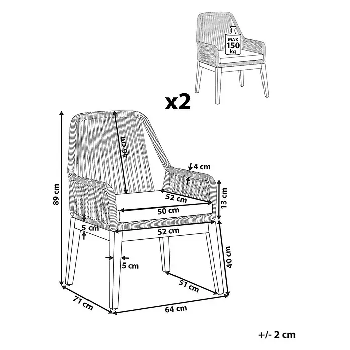 Beliani Gartenstuhl-Set OLBIA - 2 Stk., Akazienholz, Beige, B x T x H: 64 x 71 x 89 cm - Schwarz-weiße Strichzeichnung von zwei Rattan-Optik Esszimmerstühlen mit detaillierten Maßen und einer max. Tragkraft von 150 kg.