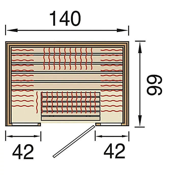 Weka Infrarotkabine Osby 1 - 2.490 W, Therm-Flächenstrahler, 140 x 99 x 190 cm - Grundriss einer Sauna mit Maßen: 140 cm breit, 66 cm tief, Türöffnungen 42 cm.