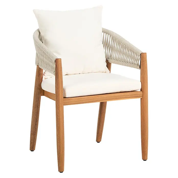 Beliani Gartenstuhl-Set MARZAMEMI - 2 Stk., Akazienholz, Braun, B x T x H: 59 x 53 x 87 cm - Gartenstuhl mit Holzgestell, geflochtenen Seilarmlehnen und cremefarbenen Kissen.