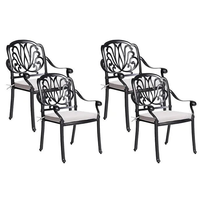 8er-Set Gartenstuhl ANCONA in Schwarz/Beige -  - Vier schwarze Terrassenstühle aus Aluminiumguss mit hellen Kissen.
