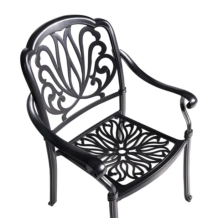 8er-Set Gartenstuhl ANCONA in Schwarz/Beige -  - Schwarzer verzierter Metall-Gartenstuhl mit dekorativen Schnörkel- und Blumenmustern auf Rückenlehne und Sitzfläche.