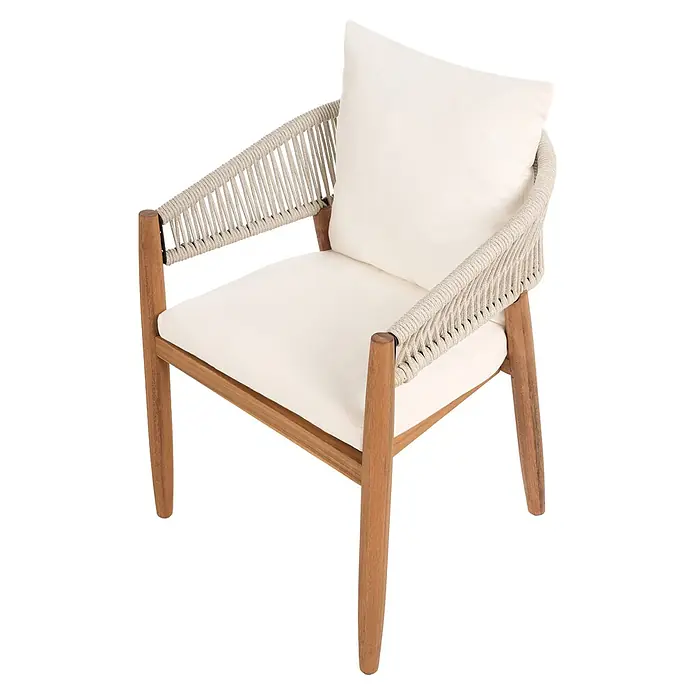 Beliani Gartenstuhl-Set MARZAMEMI - 2 Stk., Akazienholz, Braun, B x T x H: 59 x 53 x 87 cm - Moderner Sessel mit hellem Holzgestell, geflochtenen beigen Seilen an Rücken und Armlehnen und cremefarbenen Kissen.