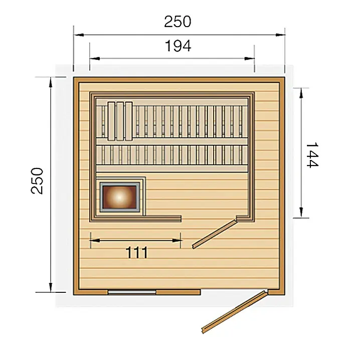 Weka Saunahaus MIKKELI 7,5 kW BioS - Bioofen, Steuerung Ofen: Extern, L x B x H: 144 x 194 x 199 cm - Draufsicht auf einen detaillierten Sauna-Grundriss mit Maßen. Praktisches Design mit Bänken, Ofen und Tür.