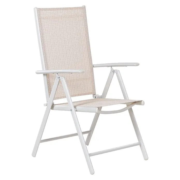 6er-Set Gartenstuhl CATANIA in Beige/Weiß -  - Weißer Klappstuhl mit hellbeigem Netzgewebe-Sitz und -Rücken, ideal für den Außenbereich.