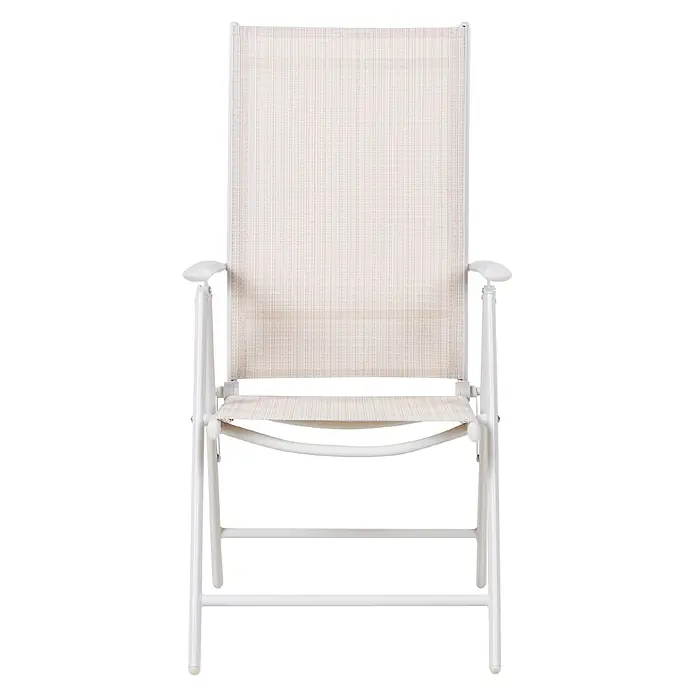 6er-Set Gartenstuhl CATANIA in Beige/Weiß -  - Ein weißer Klappstuhl mit heller beigefarbener gewebter Sitzfläche und Rückenlehne.
