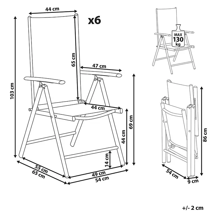 6er-Set Gartenstuhl CATANIA in Beige/Weiß -  - Ein Set von 6 Klappstühlen mit Abmessungen und einer maximalen Belastbarkeit von 130 kg pro Stuhl.