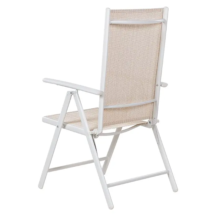 6er-Set Gartenstuhl CATANIA in Beige/Weiß -  - Weißer Klappstuhl mit hellbeigem, gewebtem Stoffsitz und Rückenlehne, von hinten gesehen.
