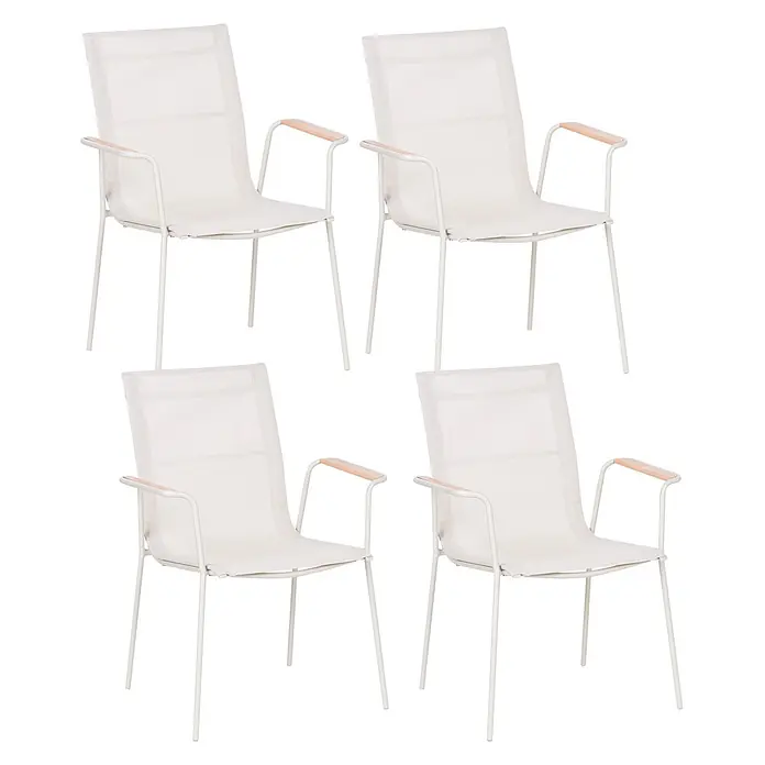 4er-Set Gartenstuhl CARAVINO in Beige/Braun -  - Satz von 4 weißen Outdoor-Stühlen mit Netzgewebe-Sitzflächen und -Rückenlehnen, hellen Holzarmlehnen und robustem Metallrahmen.