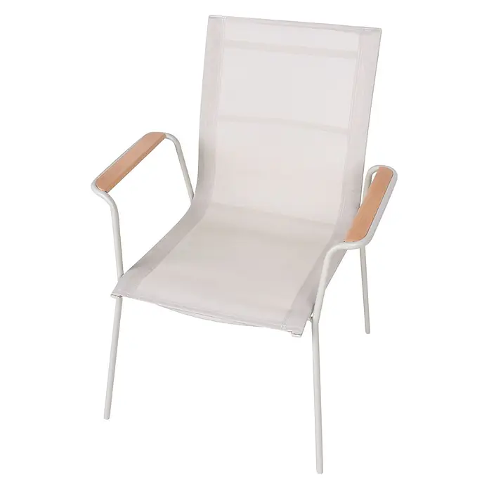 4er-Set Gartenstuhl CARAVINO in Beige/Braun -  - Moderner hellgrauer Sling-Sessel mit weißem Metallgestell und hellen Holzarmlehnen.