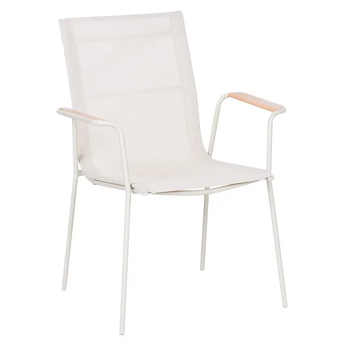 4er-Set Gartenstuhl CARAVINO in Beige/Braun -  - Weißer Stuhl mit Metallrahmen, weißer Textilbespannung und Armlehnen aus Holz.