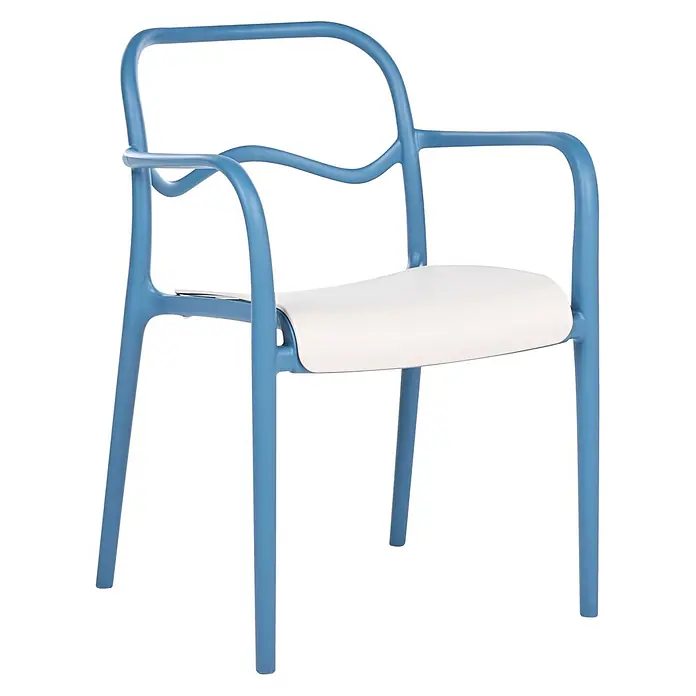 2er-Set Gartenstuhl THASOS in Blau/Beige -  - Moderner blauer Sessel mit geschwungenem Rahmen und weißer Sitzfläche.