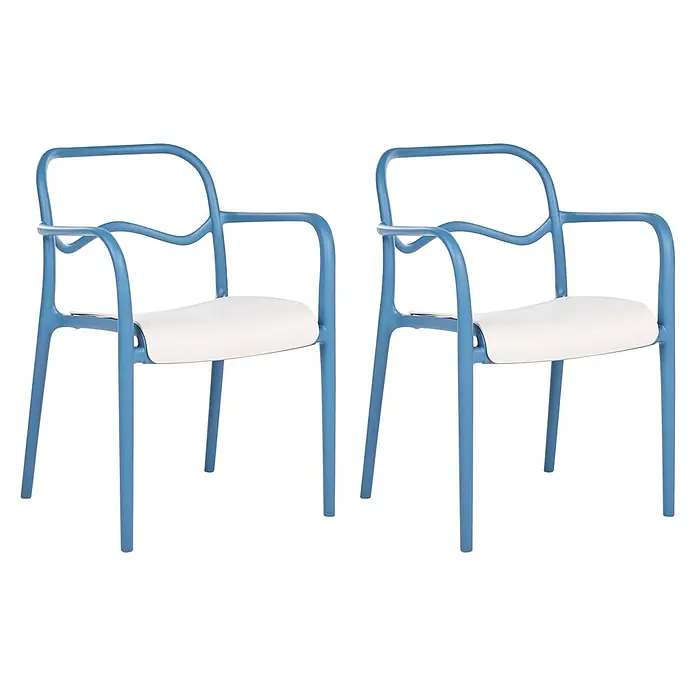 2er-Set Gartenstuhl THASOS in Blau/Beige -  - Zwei moderne blaue Sessel mit geschwungenen Gestellen und weißen Sitzen.