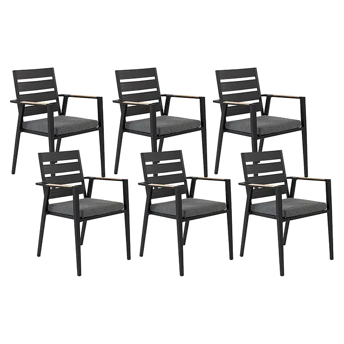 12er-Set Gartenstuhl TAVIANO in Schwarz/Grau/Braun -  - Sechs schwarze Terrassen-Sessel mit grauen Kissen und hellen Holzarmlehnen, ideal für den Essbereich im Freien.