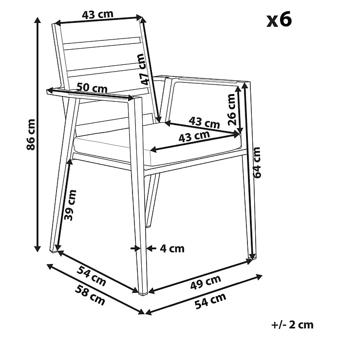 12er-Set Gartenstuhl TAVIANO in Schwarz/Grau/Braun -  - Technische Zeichnung eines Sessels mit Armlehnen, mit detaillierten Höhen-, Breiten-, Tiefen-, Sitz- und Rückenlehnenmaßen.