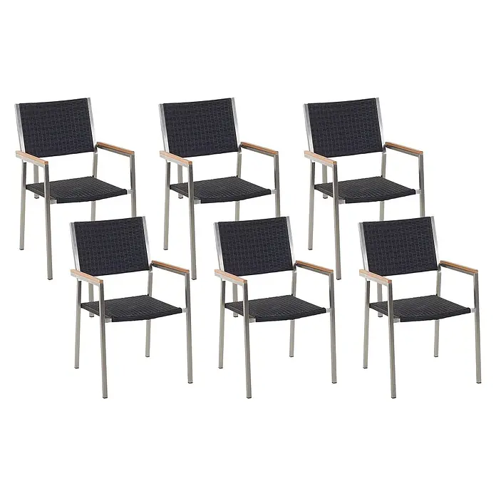 6er-Set Gartenstuhl GROSSETO in Schwarz/Silber -  - Sechs Outdoor-Sessel mit silbernem Metallrahmen, schwarzen geflochtenen Sitzen/Rückenlehnen und Holzarmlehnen.