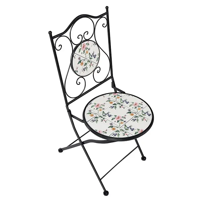 2er-Set Gartenstuhl COLLIO in Schwarz/Weiß -  - Schwarzer Metallklappstuhl mit gefliester Sitzfläche und Rückenlehne, verziert mit einem bunten Blumenmuster.