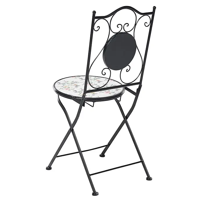 2er-Set Gartenstuhl COLLIO in Schwarz/Weiß -  - Schwarzer Metall-Klappstuhl mit runder, floral gemusterter Fliesensitzfläche und dekorativer Rückenlehne mit schwarzem Oval.