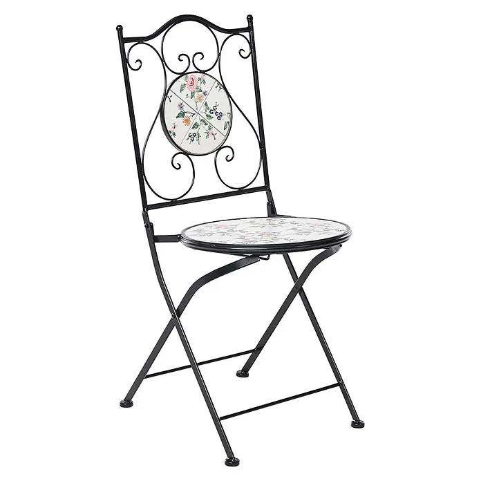 2er-Set Gartenstuhl COLLIO in Schwarz/Weiß -  - Klappstuhl aus schwarzem Metall mit floralen Mosaikfliesen auf Sitz und Rückenlehne, für Garten oder Balkon.