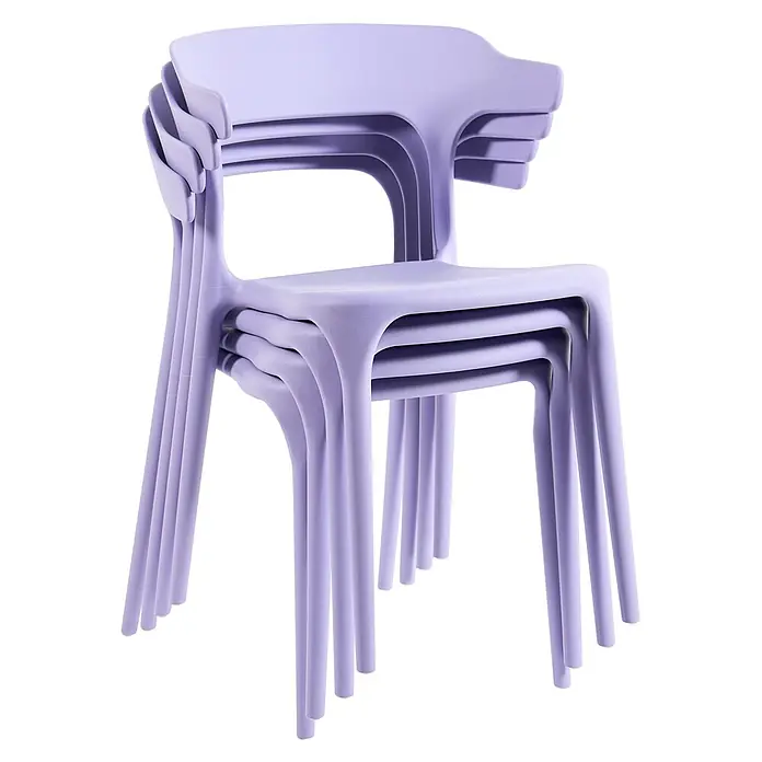 4er-Set Gartenstuhl GUBBIO in Violett -  - Gestapelte lila Kunststoffstühle, die ihr platzsparendes Design zeigen.