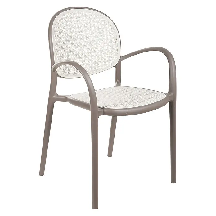 Beliani Gartenstuhl-Set POVOLETTO - 2 Stk., Polypropylen, Stapelbar, Braun, B x T x H: 50 x 50 x 85 cm - Grauer Kunststoff-Sessel mit weißem Rattan-Geflechtmuster an Rückenlehne und Sitzfläche.
