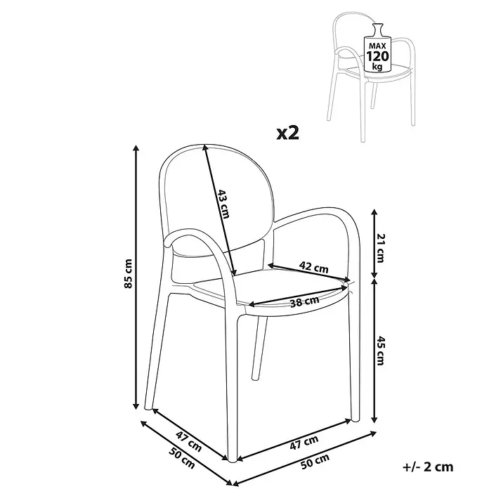 Beliani Gartenstuhl-Set POVOLETTO - 2 Stk., Polypropylen, Stapelbar, Braun, B x T x H: 50 x 50 x 85 cm - Technische Zeichnung eines Sessels mit Maßen (z.B. 85 cm Höhe, 45 cm Sitzhöhe). Max. Belastung 120 kg. Im Zweierset (x2) erhältlich.
