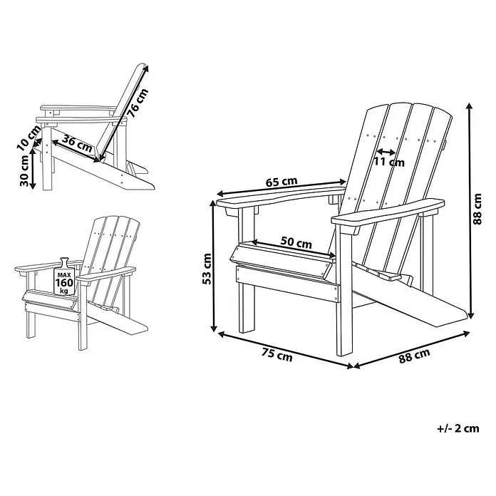 Gartenstuhl ADIRONDACK in Grau - (W) 75 x (H) 88 x - L - Zeichnung eines Adirondack-Stuhls mit Maßen und einer maximalen Tragfähigkeit von 160 kg.