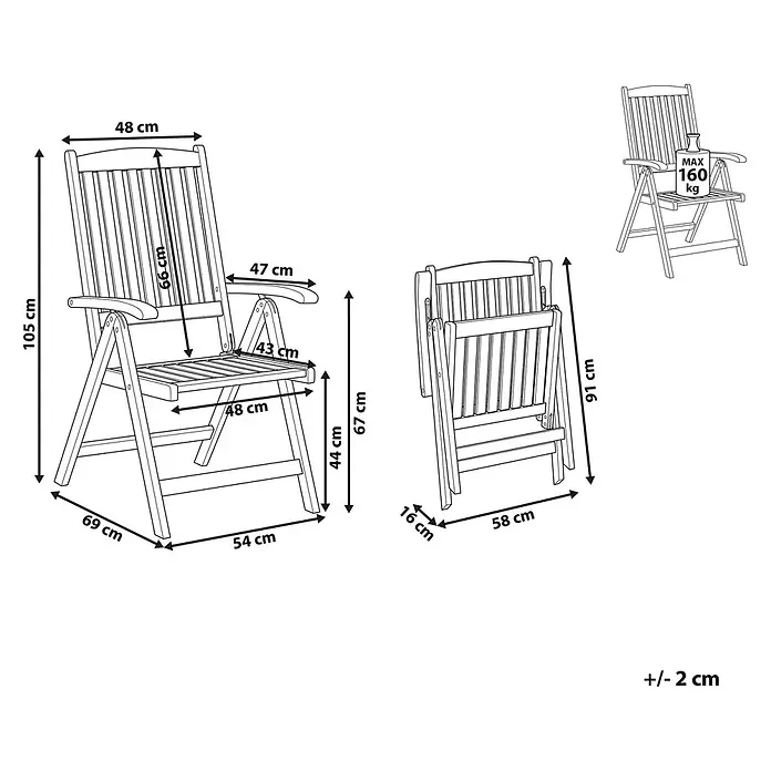 Gartenstuhl AMANTEA in Braun - (W) 54 x (H) 105 x - L - Klappbarer Holz-Gartenstuhl mit Maßangaben und 160 kg maximaler Belastung.