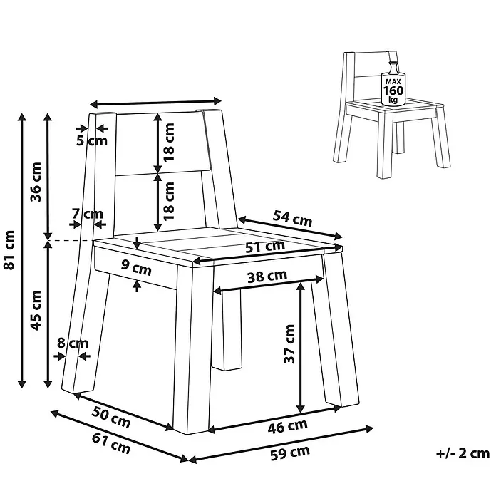 Beliani Gartenstuhl LIVORNO - 1 Stk., Akazienholz, Braun, B x T x H: 59 x 61 x 81 cm - Maßzeichnung eines Holzstuhls mit Abmessungen. Max. Belastung 160 kg.
