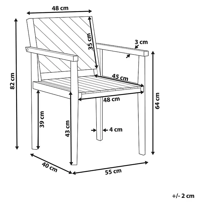 Beliani Gartenstuhl BARATTI - 1 Stk., Akazienholz, Braun, B x T x H: 55 x 40 x 82 cm - Holz-Gartenstuhl mit Armlehnen und Lattenrost-Sitz/Rückenlehne, detaillierte Maße angegeben.