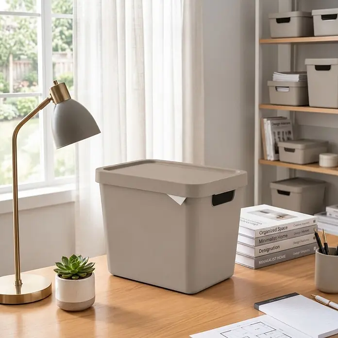 2er-Set 12,5 Liter in Beige mit Deckel – Stapelboxen, Lagerboxen -  - Hellbraune Kunststoff-Aufbewahrungsbox mit Deckel, zur Organisation auf einem Holzschreibtisch.