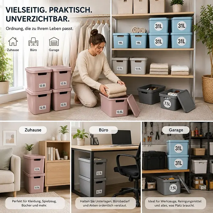 Plastard Aufbewahrungsbox-Set 2er-Set 12,5 Liter in Schwarz mit Deckel – Stapelboxen, Lagerboxen - L x B x H: 32 x 22 x 24 cm, Kunststoff, Schwarz, 2 Stk. - Vielseitige Kunststoff-Aufbewahrungsboxen in Rosa, Grau und Blau, 7.5L bis 31L. Ideal zur Organisation in Haus, Büro und Garage.