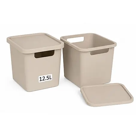 2er-Set 12,5 Liter in Beige mit Deckel – Stapelboxen, Lagerboxen