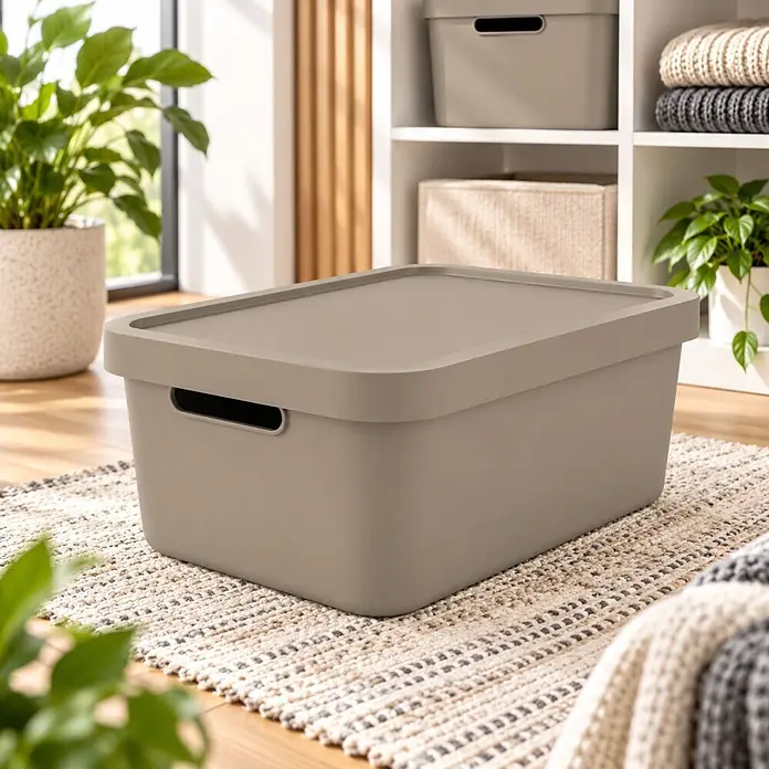 2er-Set 7,5 Liter in Beige mit Deckel – Stapelboxen, Lagerboxen -  - Taupefarbene Aufbewahrungsbox mit Deckel und Griffen auf einem strukturierten Teppich in einem Wohnraum.
