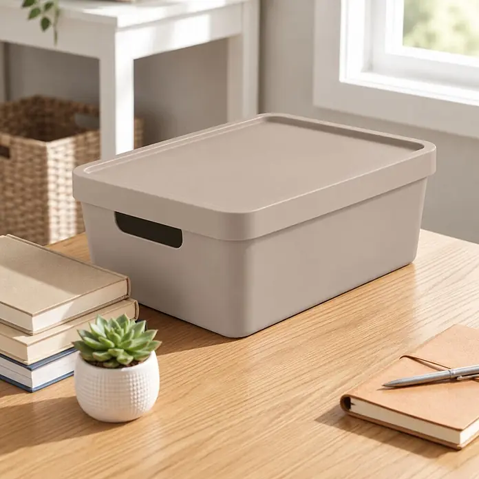 2er-Set 7,5 Liter in Beige mit Deckel – Stapelboxen, Lagerboxen -  - Hellbraune Aufbewahrungsbox mit Deckel auf einem Holzschreibtisch, zur Organisation neben Büchern und einer Pflanze.