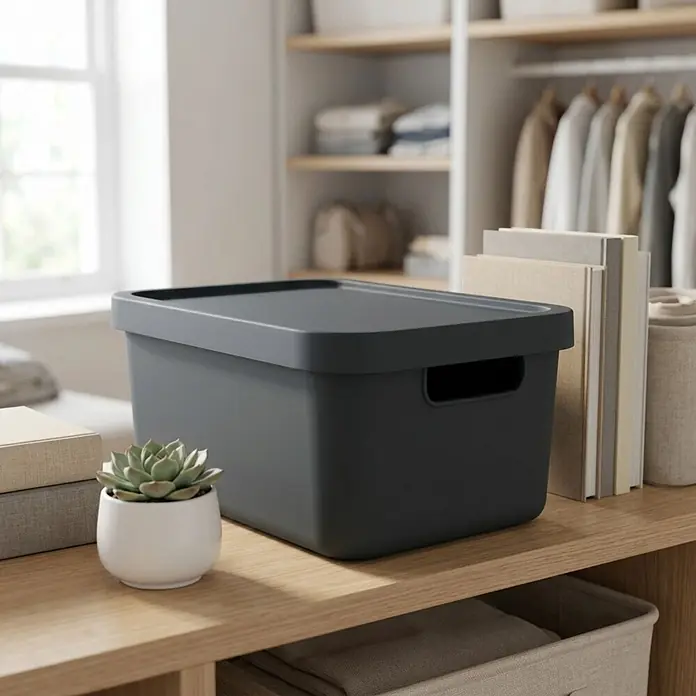 3er-Set 31 Liter in Anthrazit mit Deckel – Stapelboxen, Lagerboxen -  - Dunkelgraue Aufbewahrungsbox mit Deckel und Griffen, auf einem Holzregal in einem organisierten Schrank.