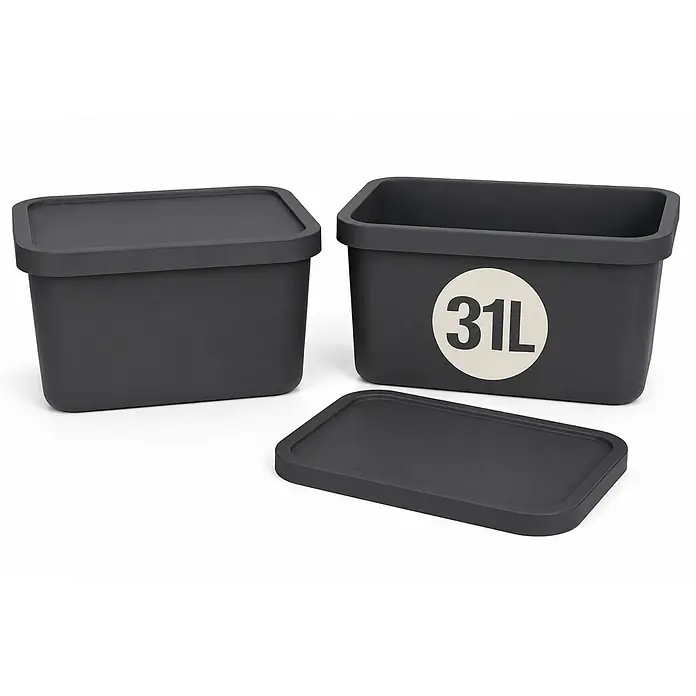 2er-Set 31 Liter in Anthrazit mit Deckel – Stapelboxen, Lagerboxen -  - Zwei dunkelgraue rechteckige Aufbewahrungsboxen mit Deckeln. Eine Box zeigt '31L' Fassungsvermögen, eine andere ist geschlossen, ein Deckel separat.