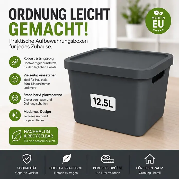 Plastard Aufbewahrungsbox-Set 2er-Set 12,5 Liter in Anthrazit mit Deckel – Stapelboxen, Lagerboxen - L x B x H: 32 x 22 x 24 cm, Kunststoff, Anthrazit, 2 Stk. - Dunkelgraue Kunststoff-Aufbewahrungsbox mit Deckel, markiert mit 12,5 L. Ideal für die Organisation zu Hause oder im Büro.