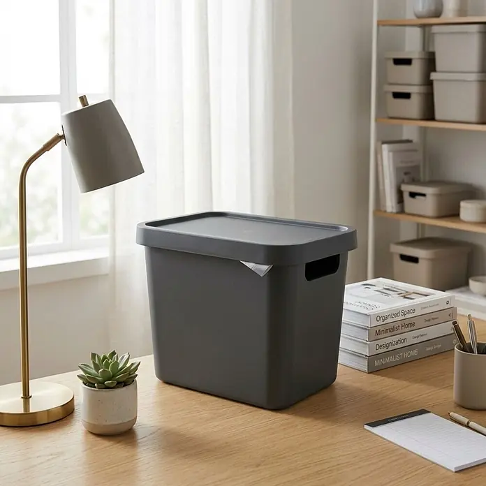 Plastard Aufbewahrungsbox-Set 2er-Set 12,5 Liter in Anthrazit mit Deckel – Stapelboxen, Lagerboxen - L x B x H: 32 x 22 x 24 cm, Kunststoff, Anthrazit, 2 Stk. - Dunkelgraue Aufbewahrungsbox mit Deckel auf hellem Holzschreibtisch, in einem organisierten Büro.