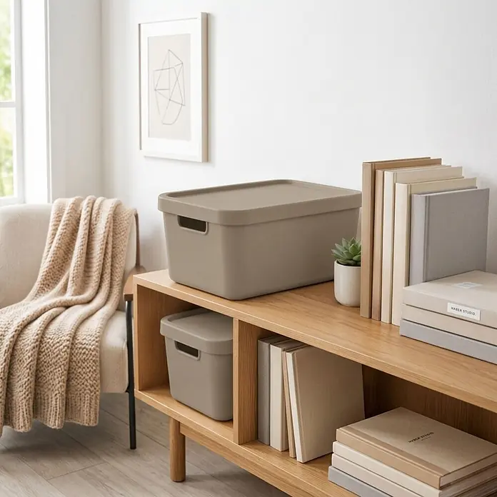4er-Set 19 Liter in Beige mit Deckel – Stapelboxen, Lagerboxen -  - Zwei taupefarbene Aufbewahrungsboxen mit Deckel, auf einem Holzregal neben Büchern und einer Kuscheldecke.