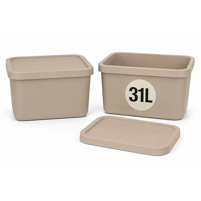 Plastard Aufbewahrungsbox-Set 2er-Set 31 Liter in Beige mit Deckel – Stapelboxen, Lagerboxen - L x B x H: 45,5 x 33,5 x 25 cm, Kunststoff, Beige, 2 Stk. - Zwei beige rechteckige Aufbewahrungsboxen mit Deckeln, eine mit "31L" beschriftet.