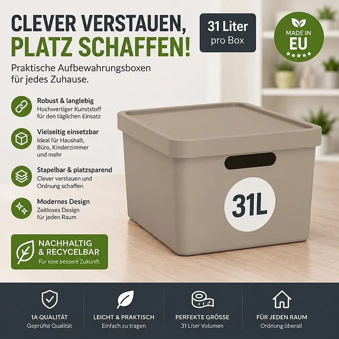 Plastard Aufbewahrungsbox-Set 2er-Set 31 Liter in Beige mit Deckel – Stapelboxen, Lagerboxen - L x B x H: 45,5 x 33,5 x 25 cm, Kunststoff, Beige, 2 Stk. - Beige Kunststoff-Aufbewahrungsbox (31L) mit Deckel und Produktmerkmalen. Ideal zum Organisieren.