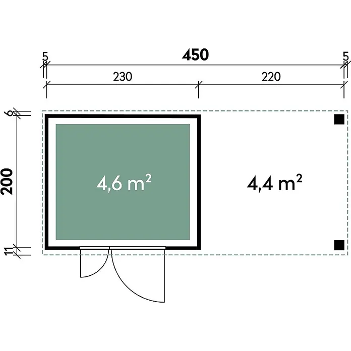 Wolff Finnhaus Gartenhaus Linnea Prime Line - Außenmaß inkl. Dachüberstand (B x T): 460 x 220 cm, Metall, Anthrazit - Grundriss mit Gesamtmaßen 450x200, zeigt eine geschlossene Fläche von 4,6 m² und eine offene Fläche von 4,4 m² für eine Struktur.