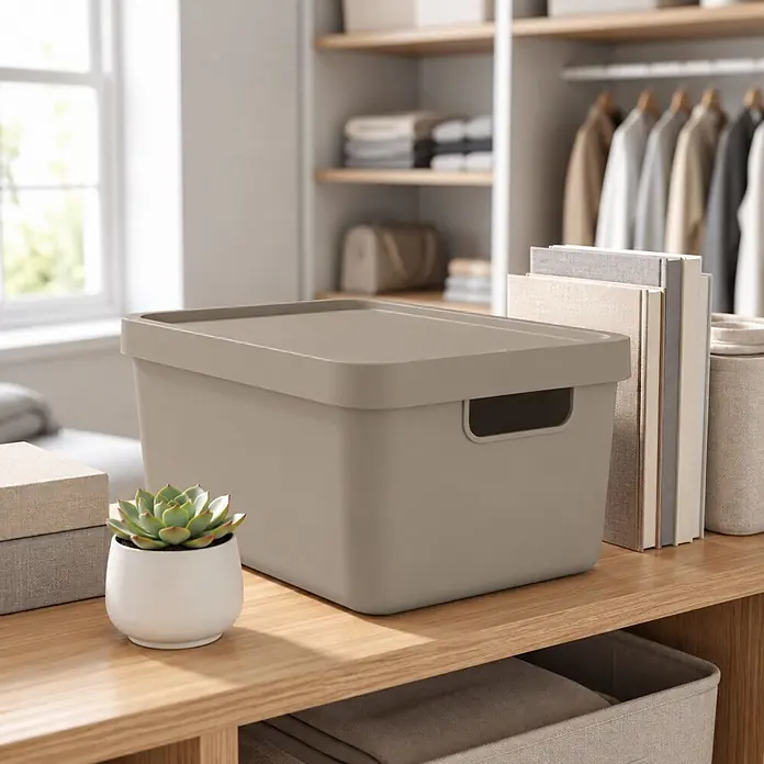 Plastard Aufbewahrungsbox-Set 2er-Set 31 Liter in Beige mit Deckel – Stapelboxen, Lagerboxen - L x B x H: 45,5 x 33,5 x 25 cm, Kunststoff, Beige, 2 Stk. - Matte beigefarbene Aufbewahrungsbox mit Deckel auf einem Holzregal in einem aufgeräumten Zimmer.