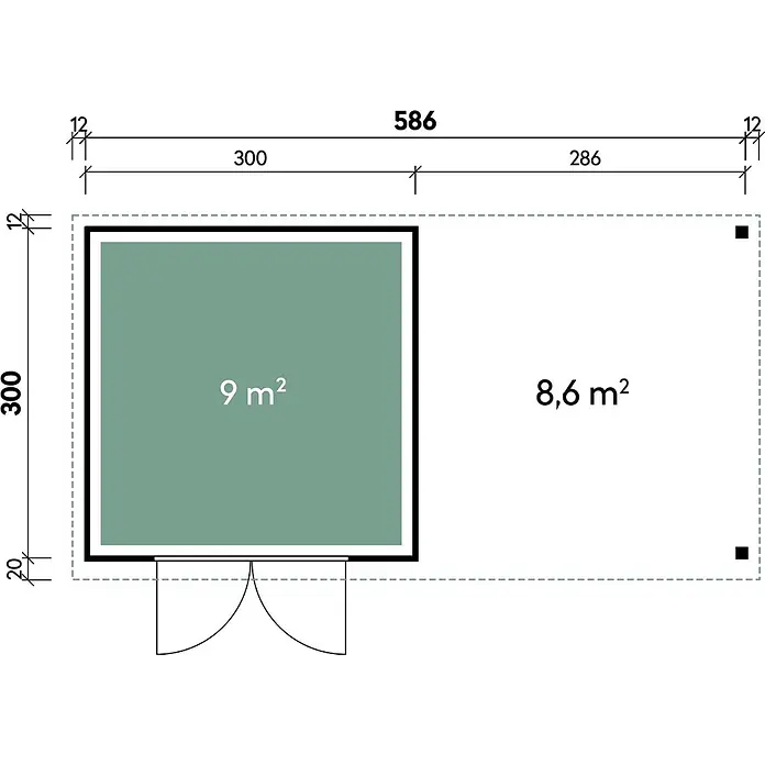 Wolff Finnhaus Gartenhaus Alvar Master Line - Außenmaß inkl. Dachüberstand (B x T): 610 x 332 cm, Holz, Grau - Detaillierter Grundriss eines Gebäudes mit 9 m² Innenfläche und 8,6 m² Außenfläche, inklusive Hauptmaßen.