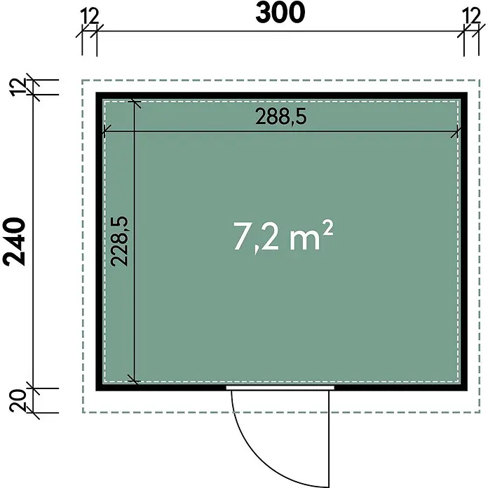 Wolff Finnhaus Gartenhaus Hakon Master Line - Außenmaß inkl. Dachüberstand (B x T): 324 x 272 cm, Metall, Anthrazit - Grundriss mit Außenmaßen 300x240, Innenmaßen 288,5x228,5 und 7,2 m² Fläche.