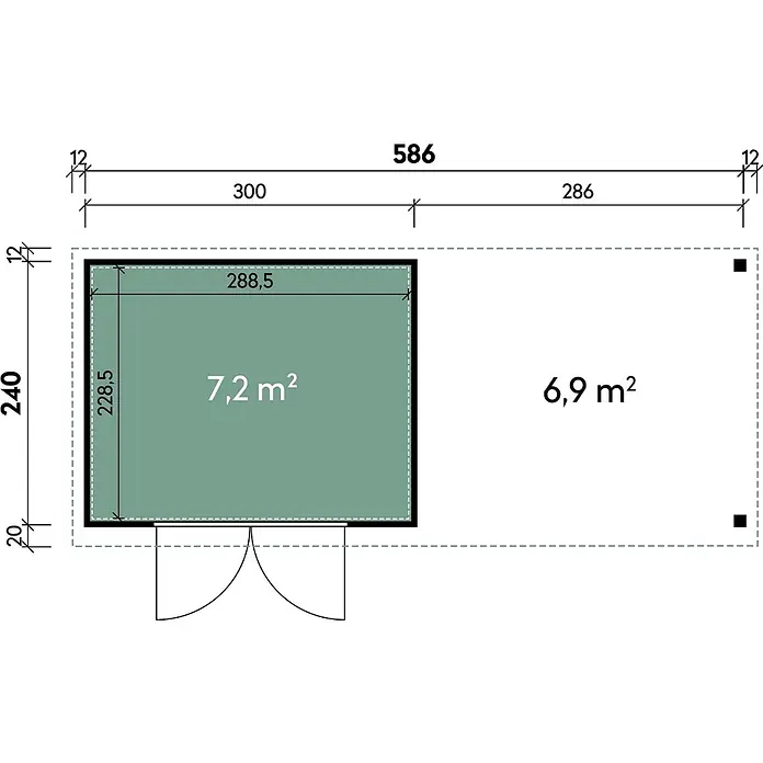 Wolff Finnhaus Gartenhaus Elvar Master Line - Außenmaß inkl. Dachüberstand (B x T): 610 x 272 cm, Metall, Anthrazit - Grundriss mit Maßen und Flächen für Schuppen und Anbau.